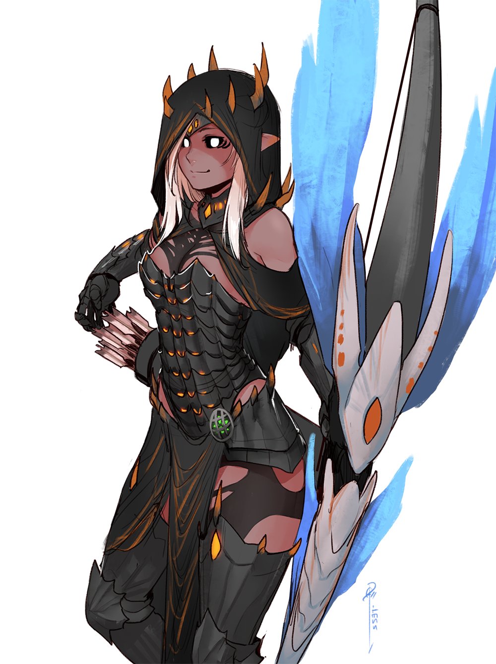1girl, armor, arrow, bare_shoulders, black_sclera, blonde_hair, boots, bow_(weapon), breastplate, breasts, cleavage, commentary, ears_through_headwear, english_commentary, faulds, gauntlets, highres, holding, holding_bow_(weapon), holding_weapon, hood, hood_up, large_breasts, less, looking_at_viewer, metal_boots, monster_hunter, monster_hunter:_world, original, pelvic_curtain, pointy_ears, quiver, signature, simple_background, smile, solo, spikes, standing, thigh-highs, thigh_boots, vaal_hazak_(armor), weapon, white_background, white_eyes