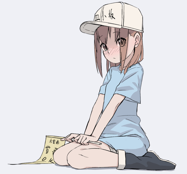 1girl, baseball_cap, black_footwear, blue_shirt, blush, brown_eyes, brown_hair, clothes_writing