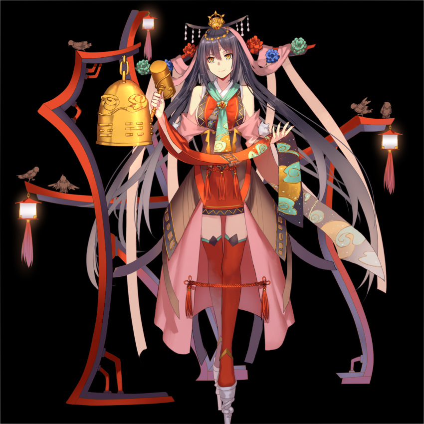 1girl, aqua_neckwear, bell, bird, black_background, black_hair, chinese_clothes, full_body, hair_ornament, hammer, headpiece, highres, jewelry, kai-ri-sei_million_arthur, lantern, long_hair, looking_at_viewer, million_arthur_(series), official_art, red_legwear, simple_background, standing, tassel, thigh-highs, very_long_hair, weiyinji_xsk, wu_zetian