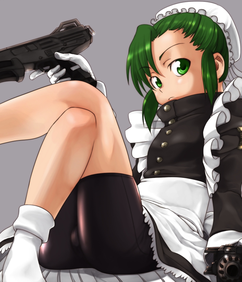 apron, bike_shorts, black_lagoon, bun_cover, crossed_legs, dual_wielding, fabiola_iglesias, frills