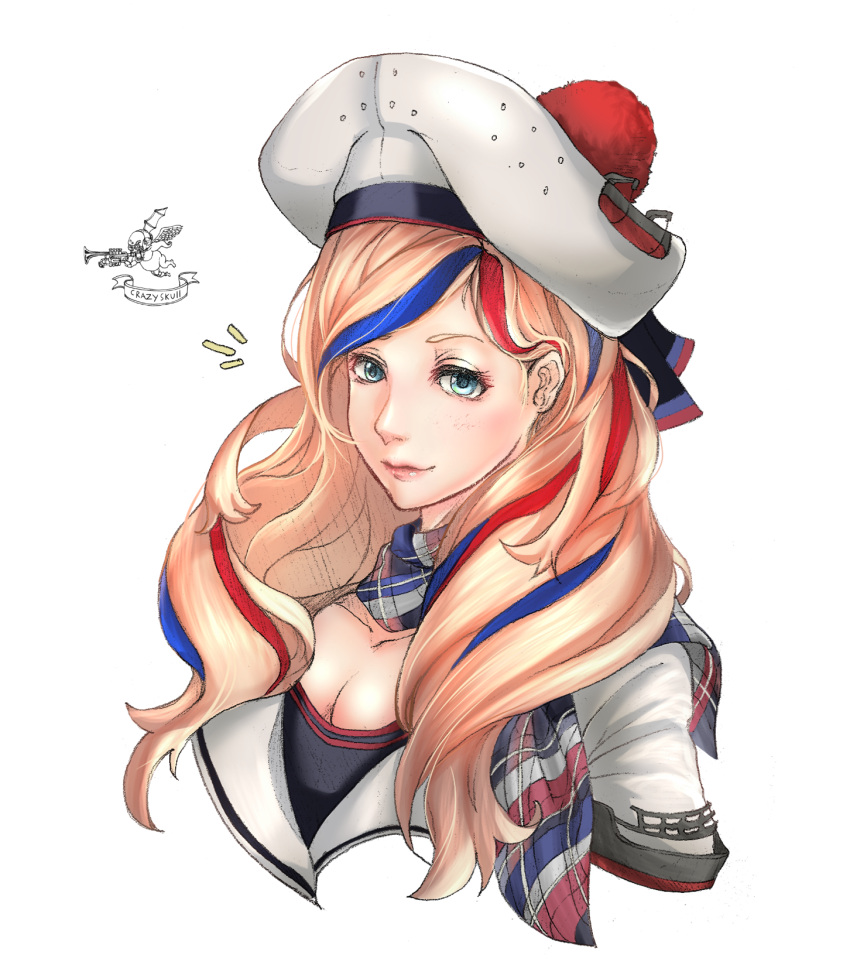1girl, artist_logo, bangs, beret, blonde_hair, blue_hair, commandant_teste_(kantai_collection), crazyskull, double-breasted, green_eyes, hat, highres, kantai_collection, lips, long_hair, multicolored, multicolored_clothes, multicolored_hair, multicolored_scarf, plaid, plaid_scarf, pom_pom_(clothes), redhead, scarf, simple_background, solo, streaked_hair, swept_bangs, upper_body, wavy_hair, white_background