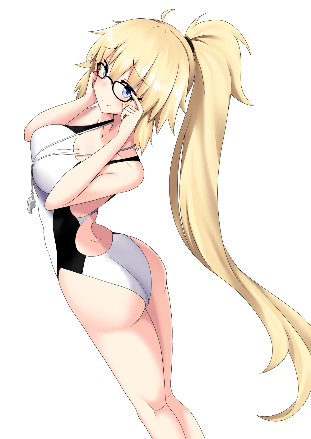 1girl, adjusting_eyewear, arched_back, ass, black-framed_eyewear, blonde_hair, blue_eyes, competition_swimsuit