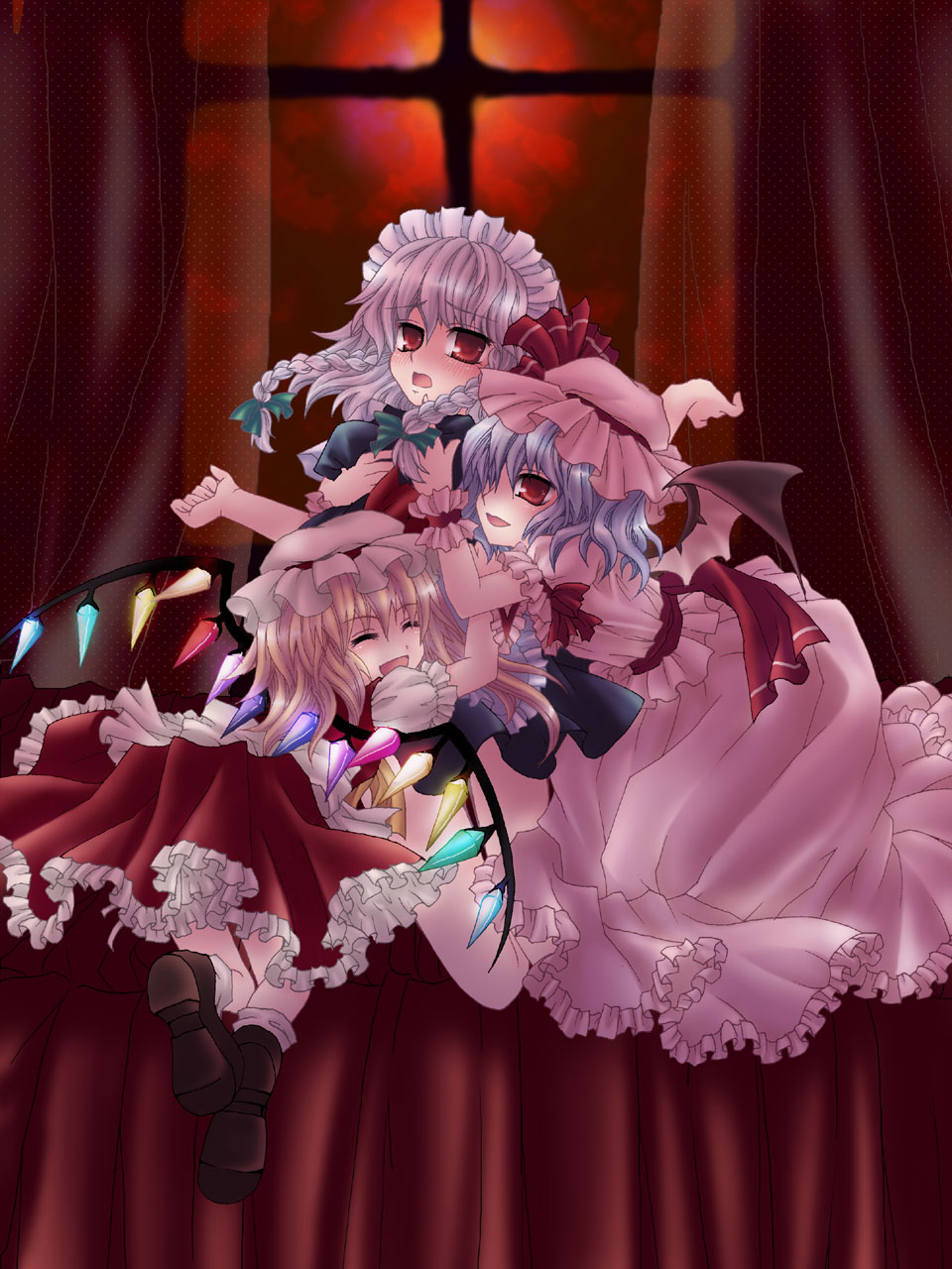 3girls, blue_hair, blush, flandre_scarlet, hat, highres, hug, izayoi_sakuya