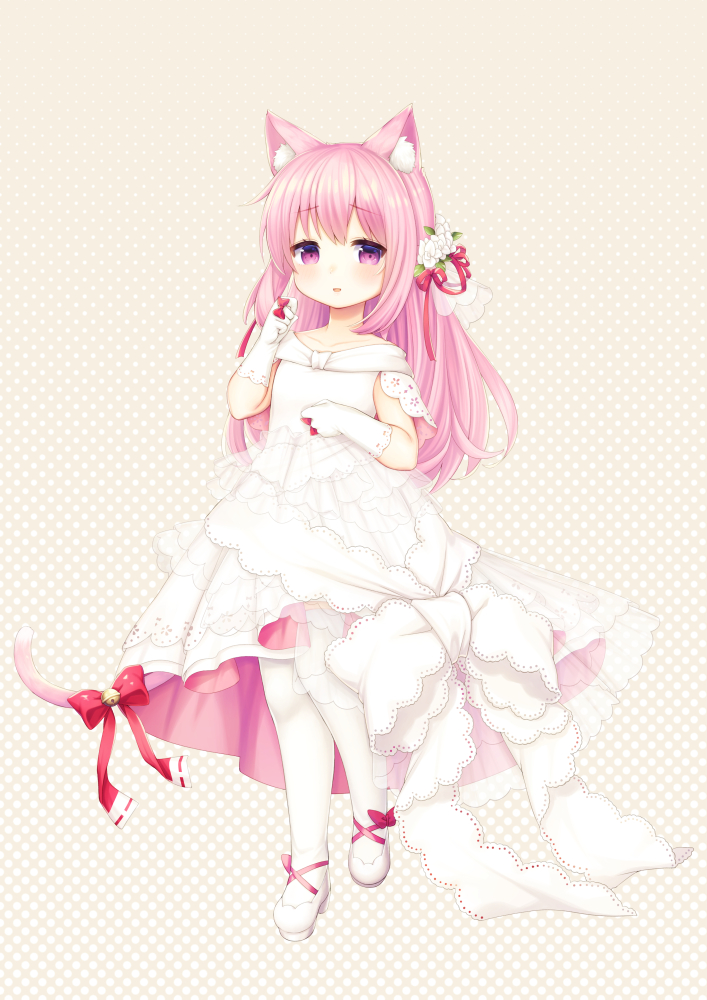 1girl, animal_ears, arm_up, azur_lane, bell, cat_ears, cat_tail, dress