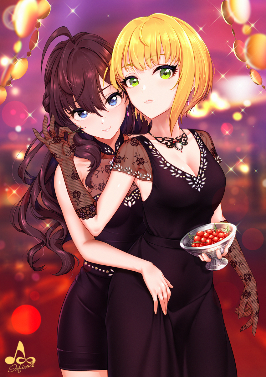 2girls, :3, :t, ahoge, bangs, bare_shoulders, black_dress, black_gloves