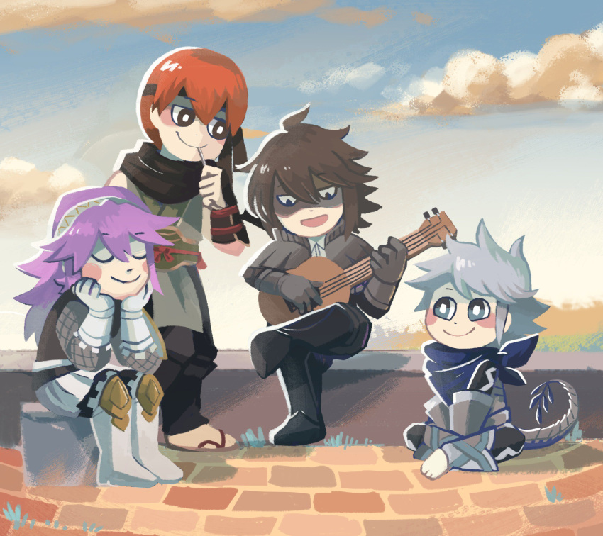 2boys, 2girls, boots, brown_hair, chibi, deere_(fire_emblem_if), dragon_tail, fire_emblem