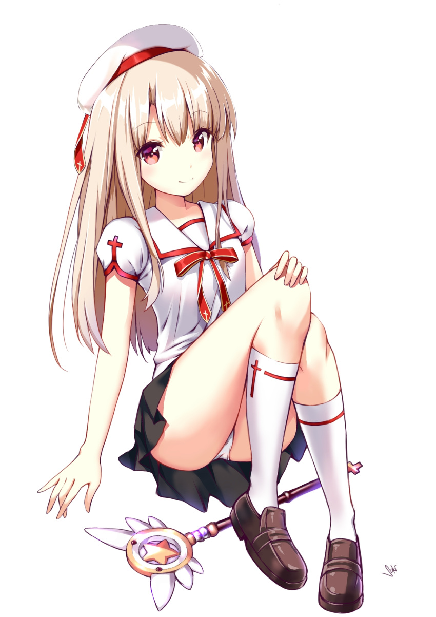 1girl, bangs, beret, black_skirt, blush, bow, breasts, brown_footwear