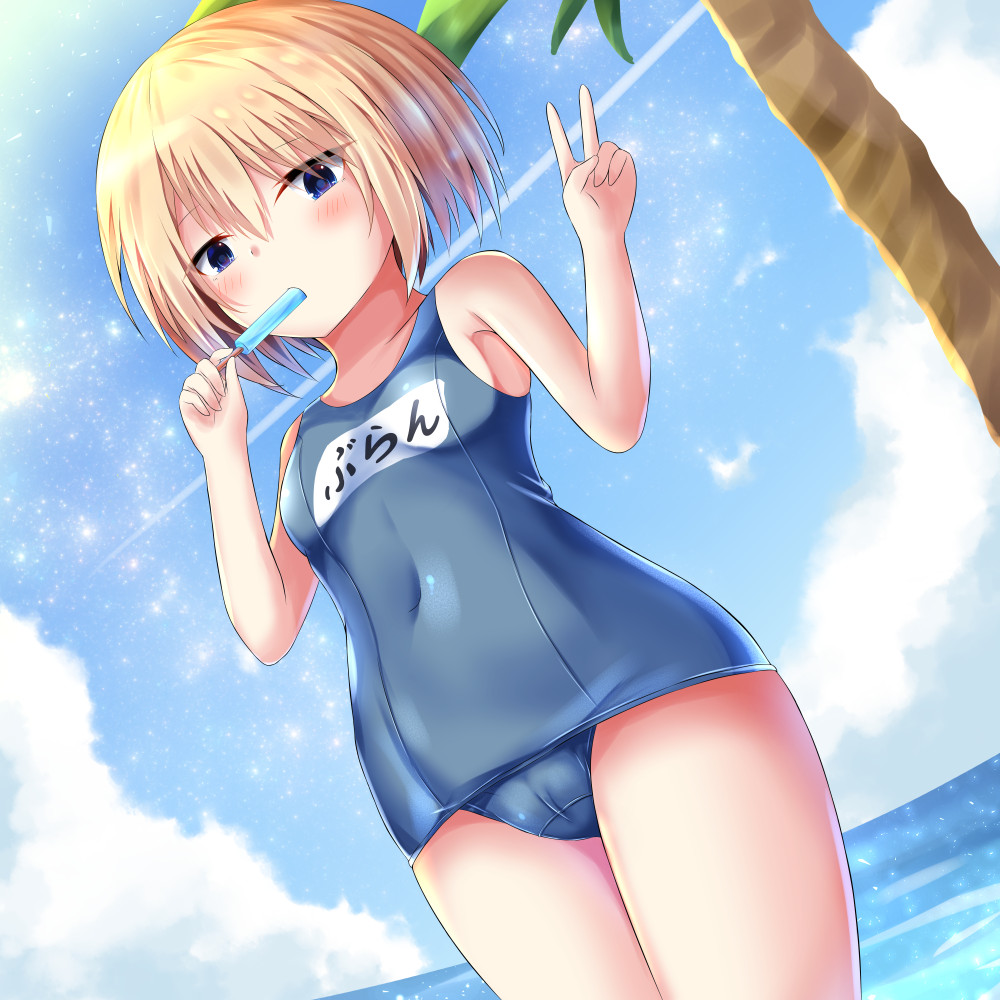 1girl, beach, blanc, blue_eyes, blush, breasts, brown_hair, eating