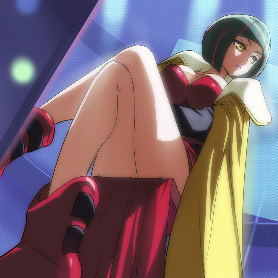 1girl, bob_cut, boots, breasts, cape, cleavage, gelos_(precure), green_hair, haruyama_kazunori, hugtto!_precure, large_breasts, legs, legs_crossed, lips, looking_to_the_side, multicolored_hair, pink_hair, precure, red_footwear, short_hair, sitting, solo, streaked_hair, yellow_cape, yellow_eyes