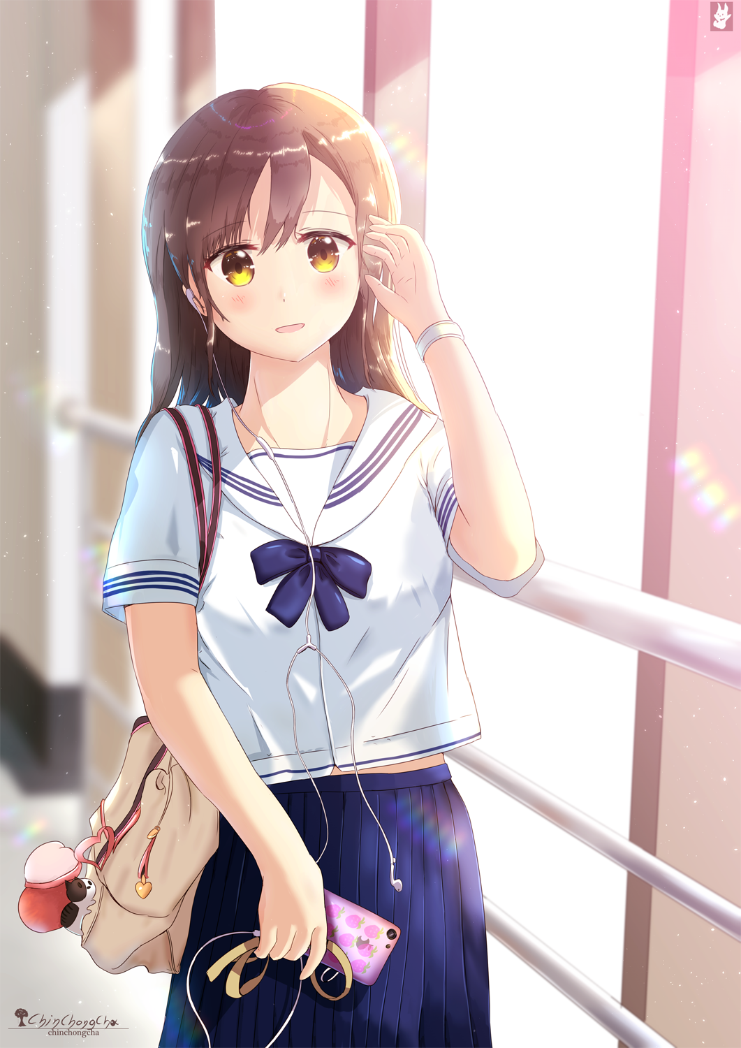 1girl, bag, brown_eyes, brown_hair, cellphone, chinchongcha, earphones, eyebrows_visible_through_hair, gakkou_no_kaidan_(dorama), highres, holding, holding_cellphone, holding_phone, long_hair, phone, pleated_skirt, sailor_collar, school_uniform, serafuku, skirt, solo, standing, wristband