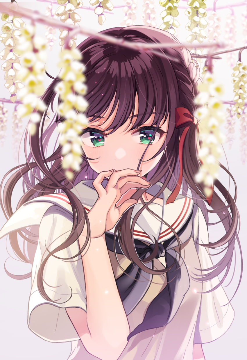 1girl, absurdres, aqua_eyes, bangs, black_neckwear, blurry, blurry_foreground, blush
