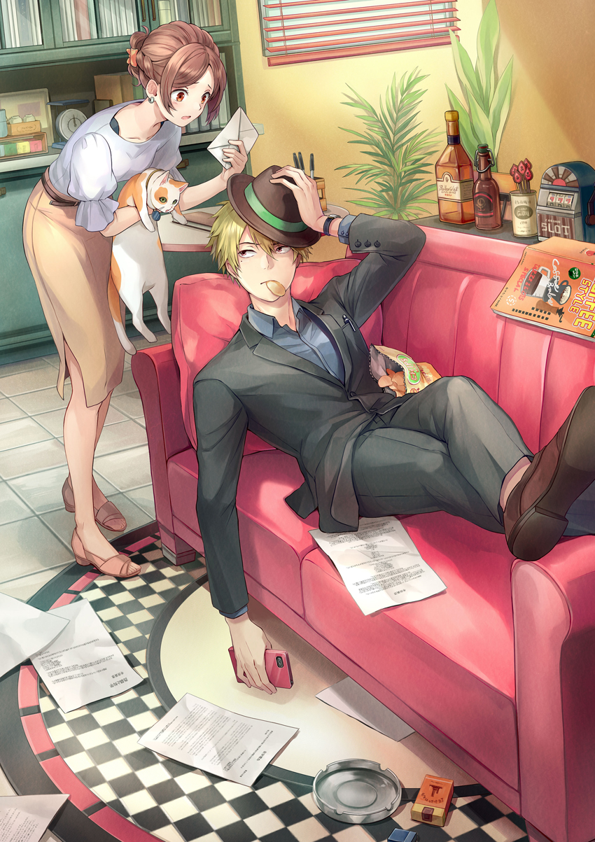 1boy, 1girl, adjusting_clothes, adjusting_hat, alcohol, animal, ashtray, bag_of_chips