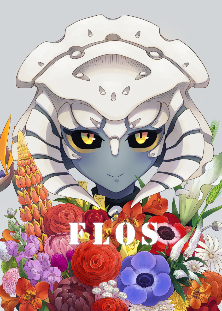1girl, black_sclera, bouquet, flower, flower_request, grey_background, grey_skin, highres