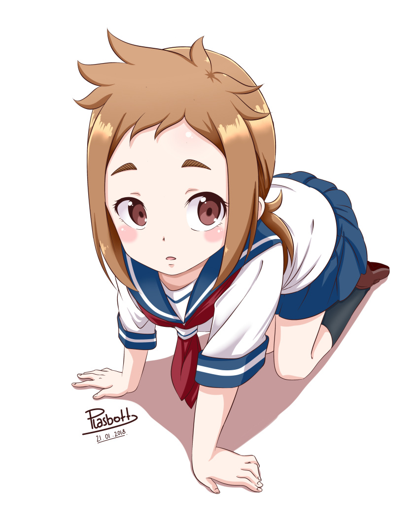 absurdres, all_fours, artist_name, black_legwear, blue_skirt, blush_stickers, brown_eyes, brown_footwear