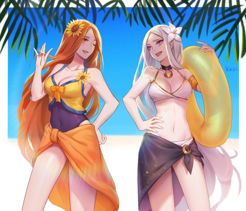 2girls, :d, ;d, artist_name, bangs, bikini, bow, breasts