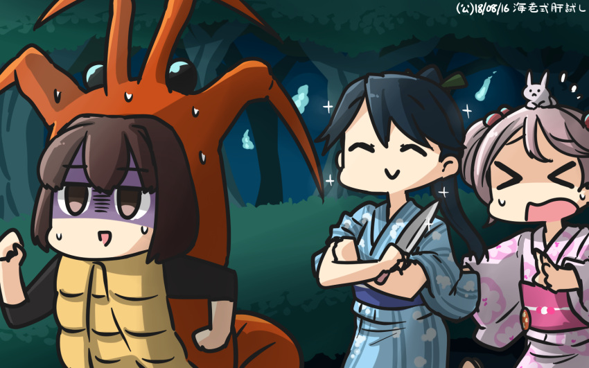 >_<, 3girls, ^_^, animal, animal_on_head, black_hair, blue_fire, blue_kimono