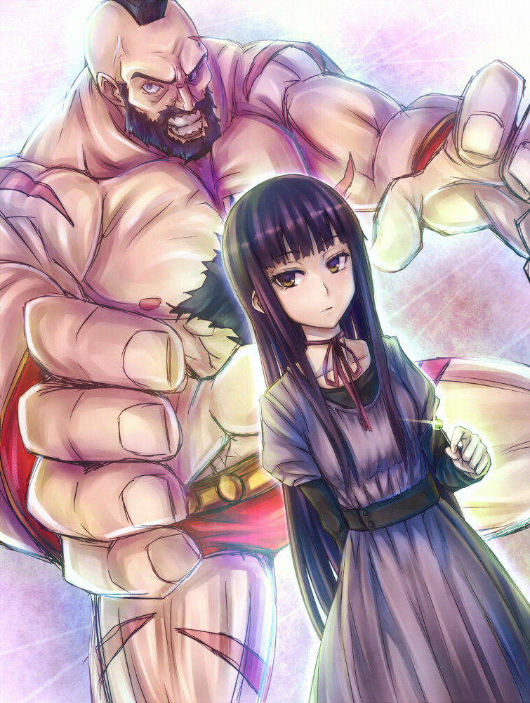 1boy, 1girl, arm_behind_back, beard, black_hair, brown_eyes, brown_hair, candy