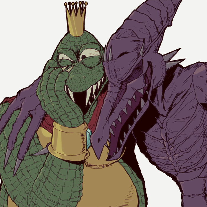 2others, alien, arm_around_neck, bracelet, cape, closed_eyes, crocodilian, crown