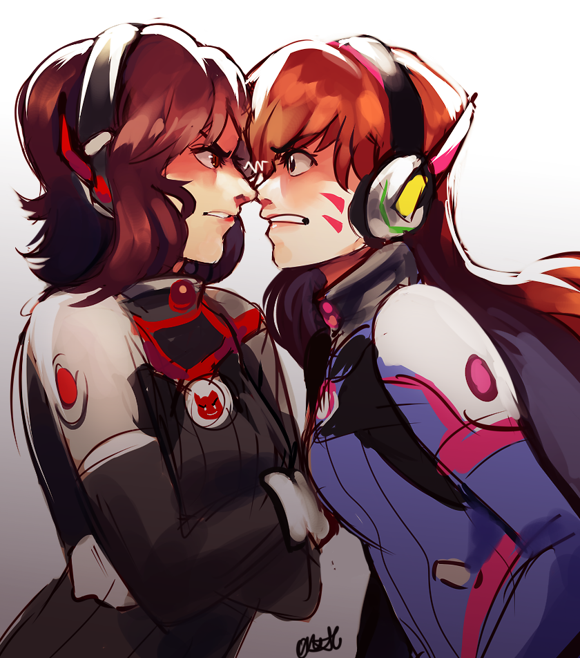 2girls, angry, bared_teeth, bodysuit, brown_eyes, brown_hair, commentary, crossed_arms