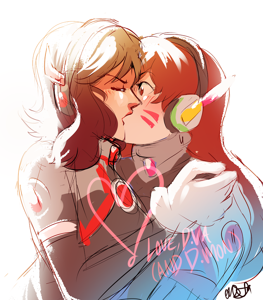 2girls, backlighting, blush, bodysuit, brown_eyes, brown_hair, commentary, d.mon_(overwatch)
