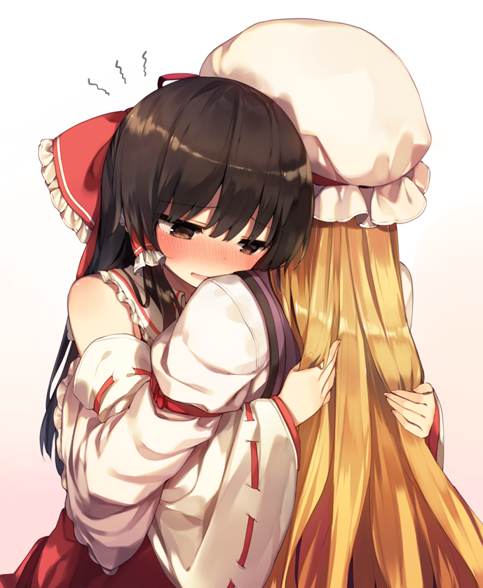 2girls, bangs, bare_shoulders, black_hair, blonde_hair, blush, bow, brown_eyes, commentary, detached_sleeves, eyebrows_visible_through_hair, frilled_shirt_collar, frills, from_behind, gradient, gradient_background, hair_between_eyes, hair_bow, hair_tubes, hakurei_reimu, hat, hug, juliet_sleeves, long_hair, long_sleeves, mob_cap, multiple_girls, nose_blush, open_mouth, pink_background, puffy_sleeves, red_bow, red_skirt, ribbon-trimmed_sleeves, ribbon_trim, shinoba, skirt, smile, tabard, touhou, upper_body, very_long_hair, white_background, white_hat, wide_sleeves, yakumo_yukari, yuri