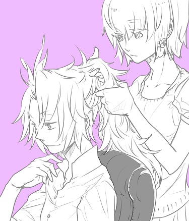 1boy, 1girl, 4480yosiharu, buttons, casual, chair, commentary_request, final_fantasy