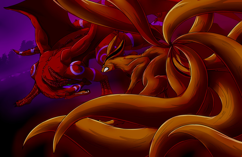 absurdres, animal_ears, bat_wings, battle, claws, dragon, eastern_dragon, fantasy