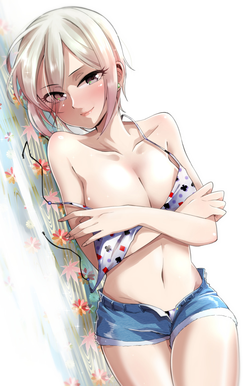 1girl, bare_shoulders, bikini_top, black_eyes, blush, breasts, cleavage, collarbone