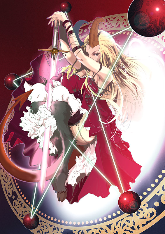 blonde_hair, demon, demon_girl, fur, hooves, horns, inugami_mokekiyo, magic_circle, magik, marvel, monster_girl, new_mutants, pentagram, russian, satyr, sorceress, sorceress_supreme, sword, tail, thigh-highs, thighhighs, weapon, x-men