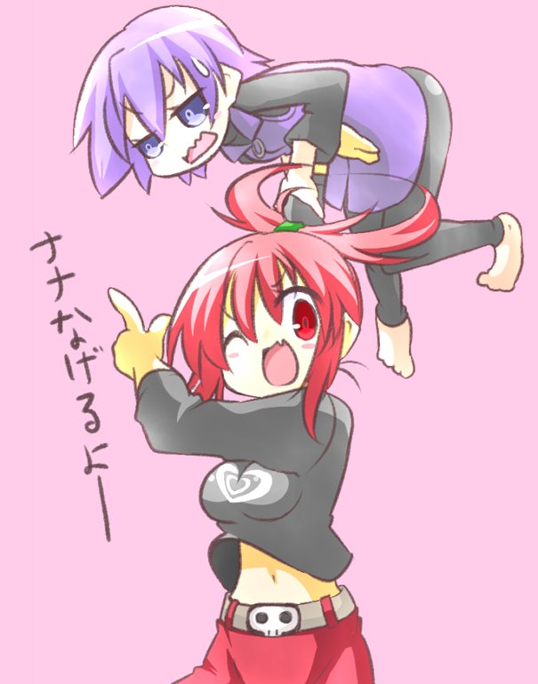 2girls, ;d, arms_up, bangs, barefoot, belt, black_pants, black_shirt