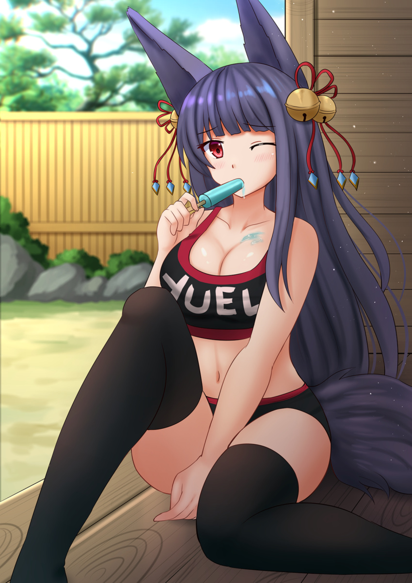 1girl, animal_ears, bangs, bare_arms, bare_shoulders, bell, black_bra, black_legwear