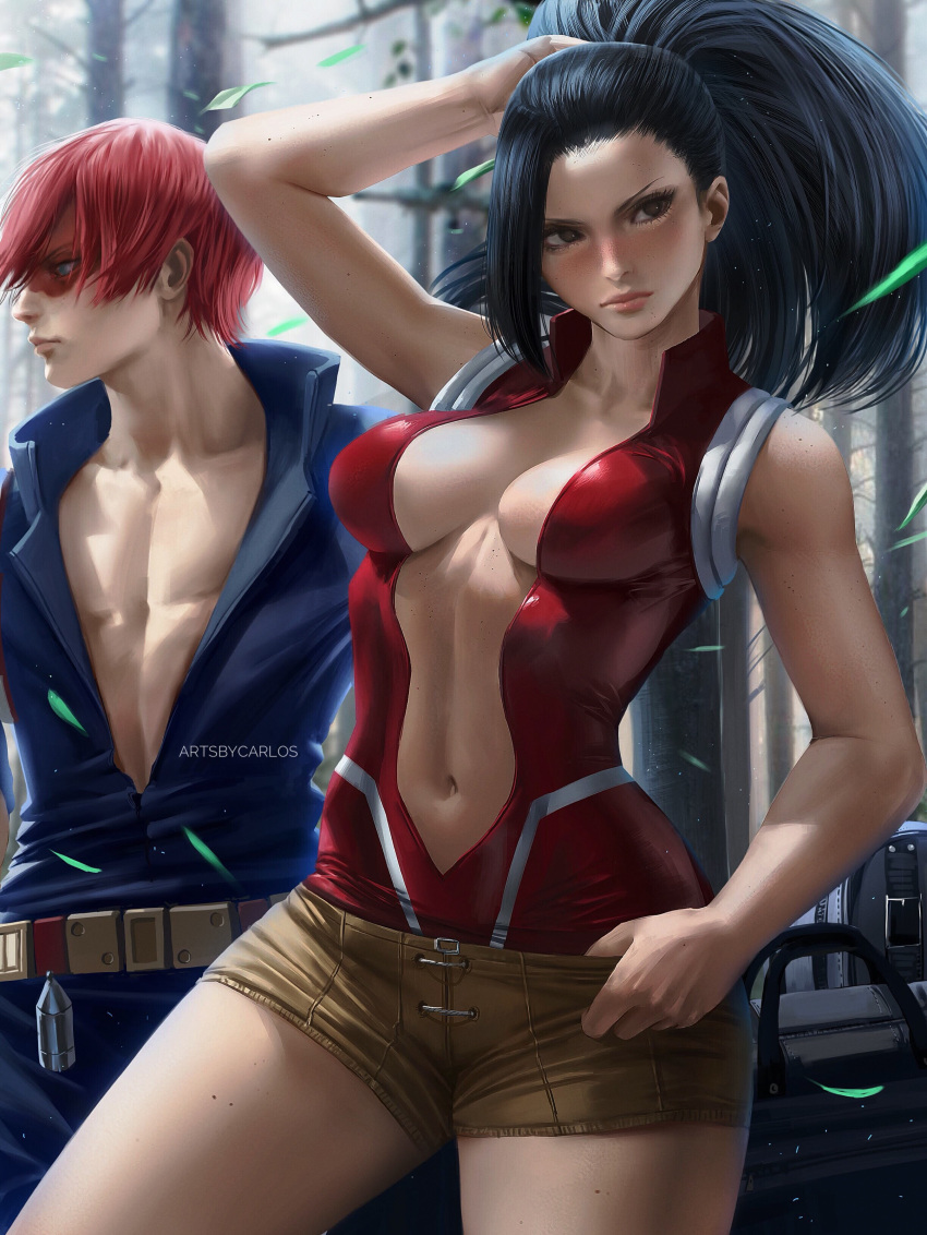 1boy, 1girl, absurdres, bare_shoulders, black_hair, blush, bodysuit, boku_no_hero_academia
