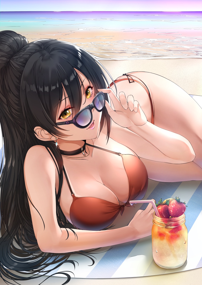1girl, beach, bikini, breasts, choker, cleavage, commentary_request, drink