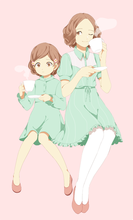2girls, brown_eyes, brown_hair, cup, dress, dual_persona, flower, green_dress