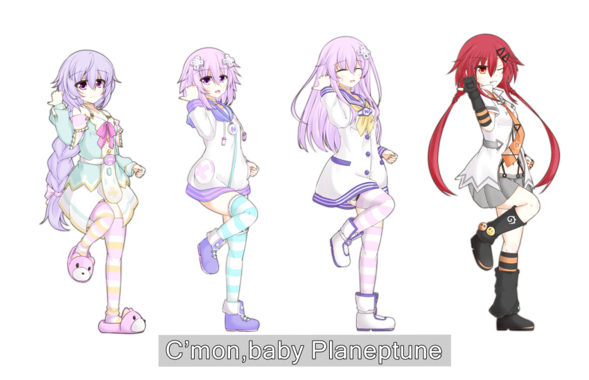 4girls, :d, amo_chenbe, blush, boots, braid, closed_eyes, closed_mouth
