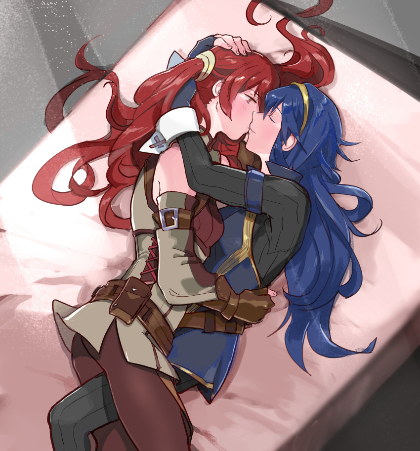 2girls, absurdres, bed, blue_hair, brown_gloves, closed_eyes, commentary, commission