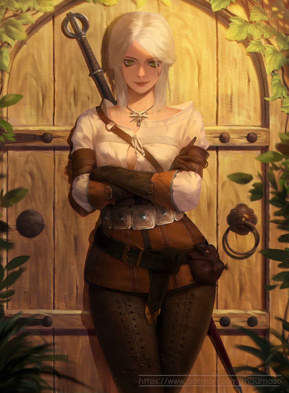 belt, ciri, cowboy_shot, crossed_arms, door, gloves, green_eyes, highres