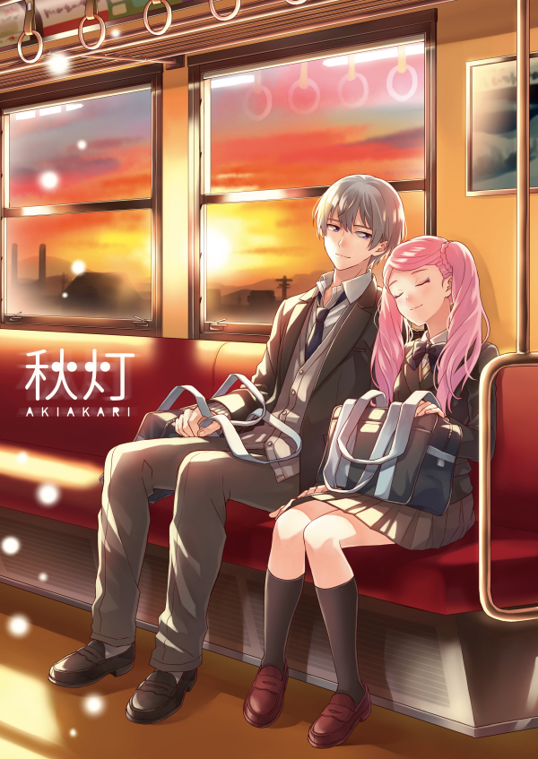 1boy, 1girl, alternate_costume, bag, bag_on_lap, bekkourico, black_bow, black_footwear