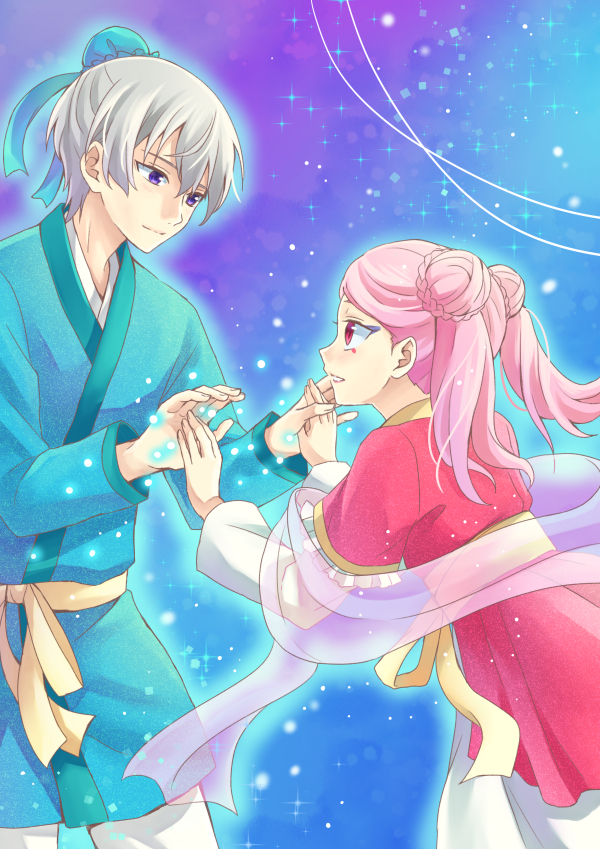 1boy, 1girl, bekkourico, blue_background, blue_kimono, blue_ribbon, braid, couple