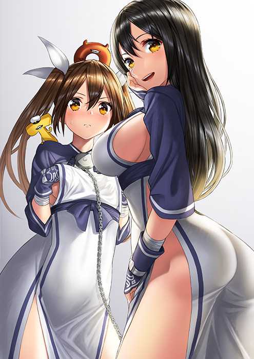 2girls, :d, ainu_clothes, ass, black_hair, blush, breasts, brown_eyes