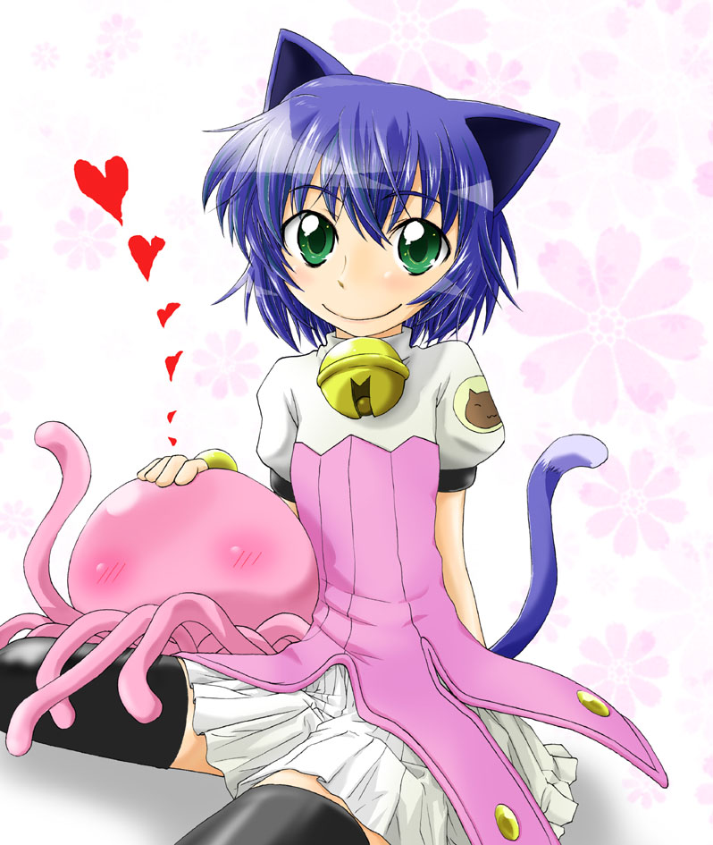 1girl, 1other, bell, blue_hair, cat_ears, cat_tail, dress, green_eyes