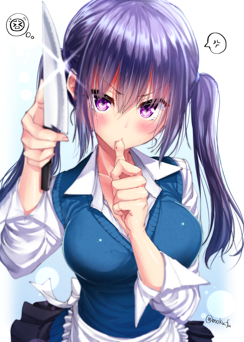 >_<, 1girl, anger_vein, apron, bangs, black_skirt, bleeding, blood