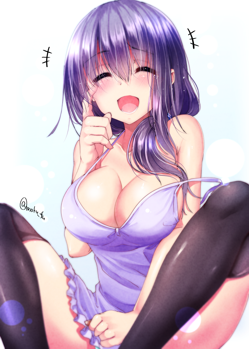 1girl, bare_arms, bare_shoulders, black_legwear, blue_background, blush, breasts, cleavage