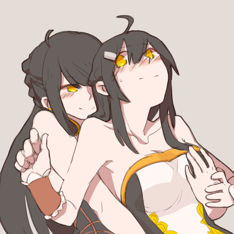 2girls, ahoge, ara_han, bare_shoulders, black_hair, blush, breast_grab, collarbone, comic, elsword, grabbing, hair_ornament, hairpin, hua_ge_pi, long_hair, multiple_girls, sakra_devanam_(elsword), yama_raja_(elsword), yellow_eyes, yuri