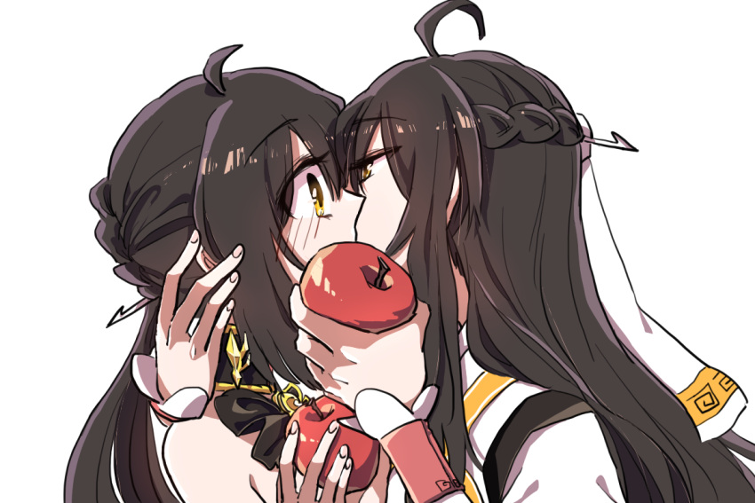 2girls, ahoge, apple, ara_han, black_hair, blush, elsword, food