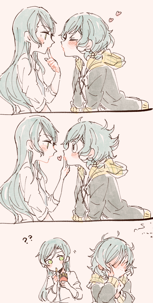 2girls, ??, bang_dream!, blue_hair, blush, braid, chips, closed_eyes, comic, covering_face, finger_kiss, food, green_eyes, heart, hikawa_hina, hikawa_sayo, hood, hoodie, incest, itomugi-kun, long_hair, multiple_girls, potato_chips, short_hair, siblings, silent_comic, sisters, twincest, twins, yuri