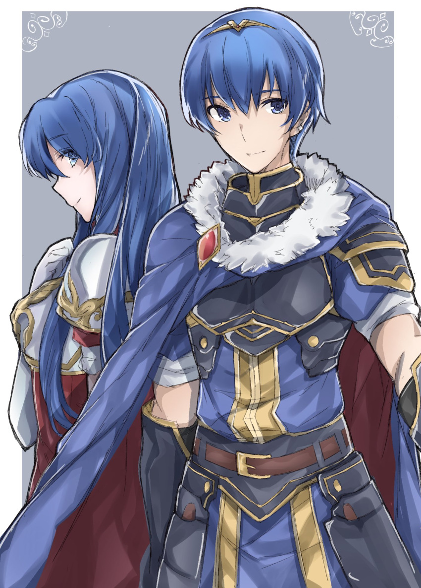1boy, 1girl, aiueo1234853, armor, blue_eyes, blue_hair, blush, cape