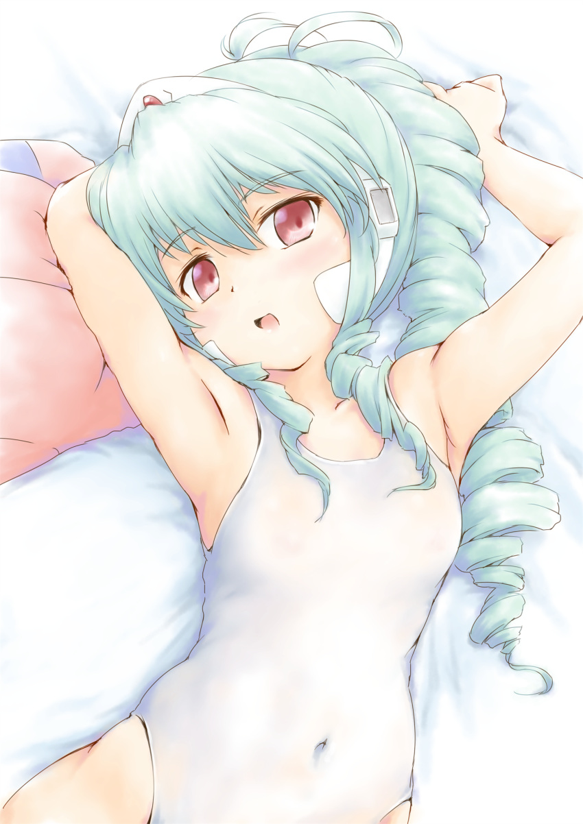 1girl, :d, armpits, arms_up, bangs, bare_arms, bare_shoulders, bed_sheet, blue_hair, breasts, collarbone, covered_navel, drill_hair, eyebrows_visible_through_hair, galaxy_angel, highres, light_blue_hair, looking_at_viewer, lying, normad, on_back, one-piece_swimsuit, open_mouth, pink_eyes, ponytail, shimamoto_(natsuki), small_breasts, smile, solo, swimsuit, vanilla_h, white_swimsuit