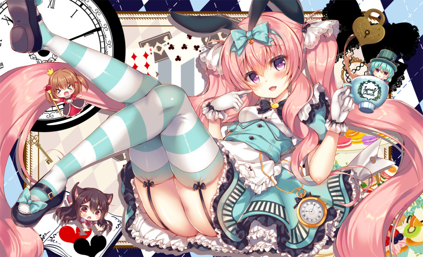 4girls, :d, absurdly_long_hair, alice_(wonderland), alice_(wonderland)_(cosplay), alice_in_wonderland, animal_ears, apron