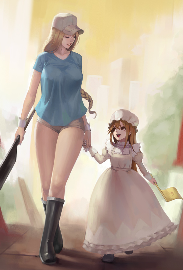 1girl, :d, age_difference, apron, blonde_hair, boots, braid, breasts